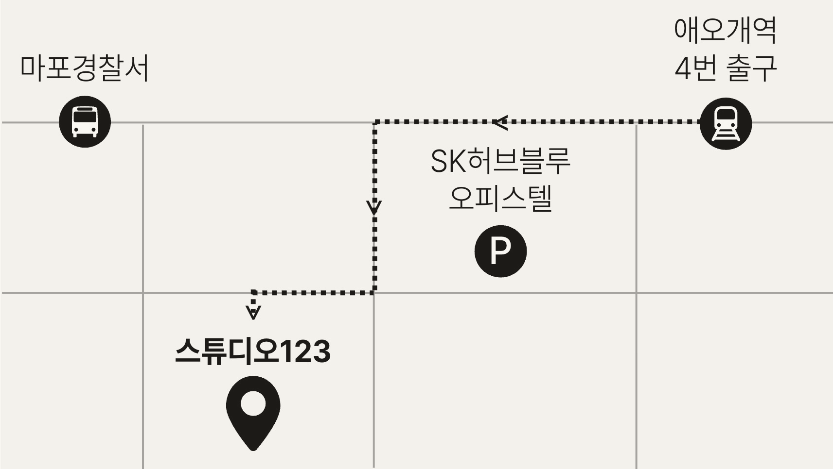 스튜디오123 약도. 5호선 애오개역 4번 출구에서 도보 3분 거리이며, SK허브블루 오피스텔 주차장을 지나 내려오면 스튜디오123입니다.